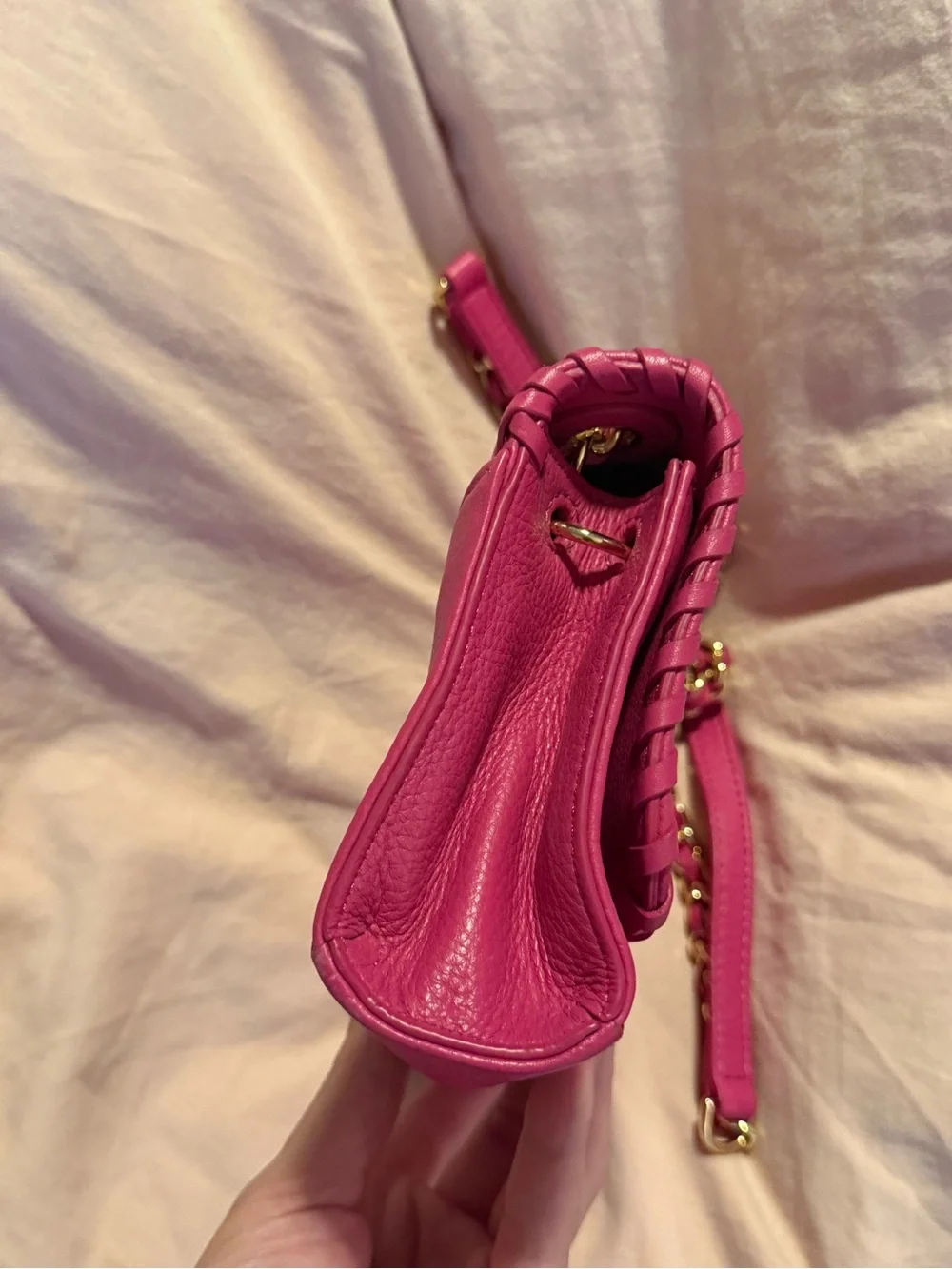 Tory Burch Mini Marion Fuchsia Leather Whipstitch Crossbody Bag with Gold Chain